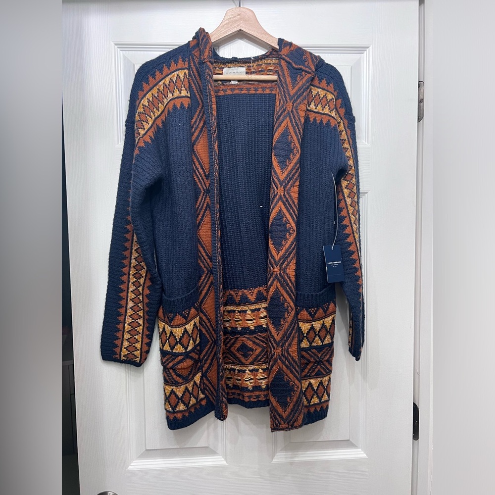 Lucky Brand Women's Aztec Boho Open Front Jacquard Knit Cardigan Size S.